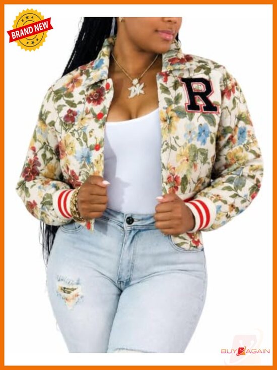 Jackets & Blazers - Womens Cropped Floral Bomber Jacket Snap Button Varsity Casual